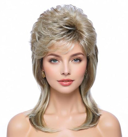 Airhostess 80s Retro Layered Mullet Wig for Women, Pre-Styled Synthetic Wig, Natural Texture for Halloween Cosplay 80s Themed Party (Blonde) - color: 2057-Blonde