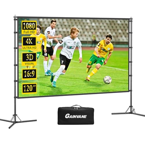 120 inch Projector Screen with Stand - Portable Indoor Outdoor Projection Screen 16:9 4K HD Wrinkle-Free Movie Screen, Double Sided with Carry Bag for Backyard Theater