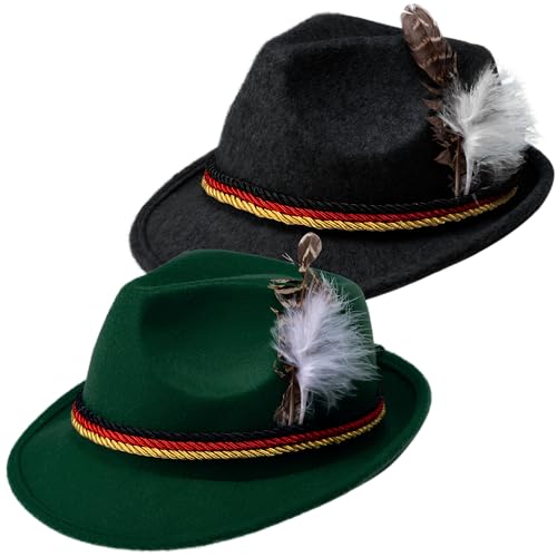 Spooktacular Creations Oktoberfest Hats, 2 PCS German Oktoberfest Costume Accessories Set, Green Black Felt Fedora Retro Hats for Adults Bavarian Alpine Halloween Dress Up, RolePlay Party - color: Green+black