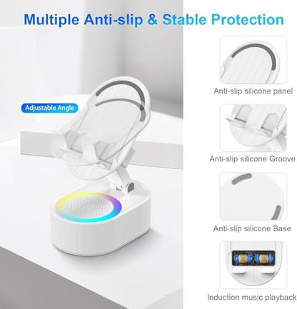 AKLLCCR Wireless Induction Audio Bluetooth Speaker 5in1 Phone Holder Emergency Rechargeable (3000mAh) with Colorful Ambient Light 300° Foldable for Tablet iPhone Android, Gifts for Men Women (White) - color: White