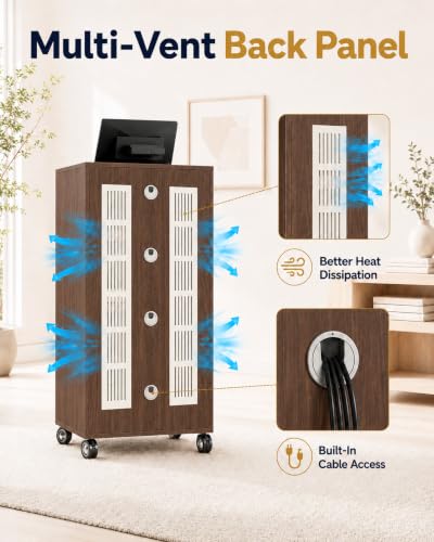4-Tier Walnut Media Cabinet with Glass Door & Adjustable Shelves | 198 lb Capacity, Clear Tempered Glass with Metal Frame, Ventilated Design, Cable Management, and Locking Caster Wheels - color: Walnut, size: 4-tier