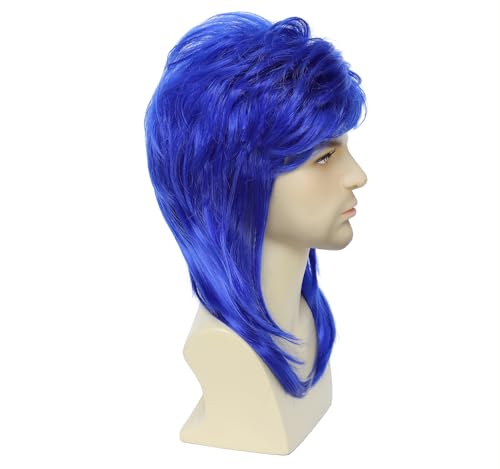 Unisex Mullet Wig, Synthetic Heat Resistant 70s 80s Retro Joe Dirt Costume Wig for Men and Women, Halloween Fancy Dress Cosplay Wig (Blue) - color: Blue