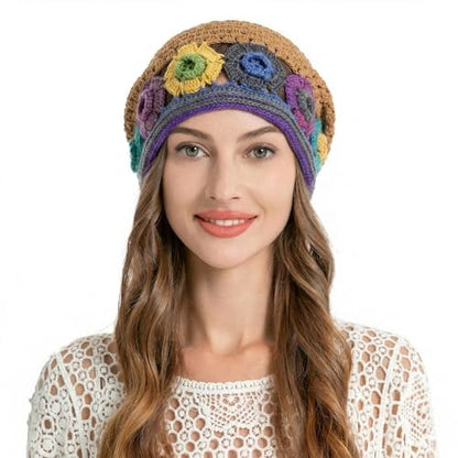 ZLYC Women Cotton Crochet Slouchy Beanie Hat Handmade Knit Summer Skull Cap | Lightweight breathable,boho casual chic look,travel photos festival party,café commute daily wear,beach concert gathering - color: Colorful Flower Shiny Brown