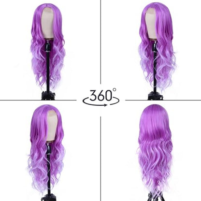 Aida ble Long Wavy Lavender Purple Wig for Women 26inch Middle Part Wig | Natural Looking Synthetic Hair,Suitable for Daily Wear,Party,Halloween and Cosplay,Beginner-friendly,Lightweight and soft - color: Purple One piece