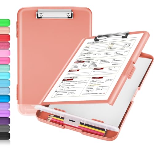Sooez Clipboard with Storage, Clip Board 8.5 x 11 with Pen Holder, Plastic Organization Case Box for Letter Legal A4 Size Paper, Low Profile Clip, Nurses Teachers Must Haves, School & Office Supplies - color: Peach Pink