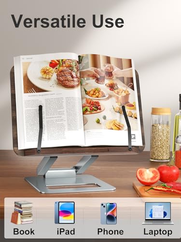Tounee Book Stand for Reading, Telescopic Book Holder, Adjustable Height Pull Out Design Ergonomic Cookbook Stand with Elastic Page Clips Fits All Books - color: Silver