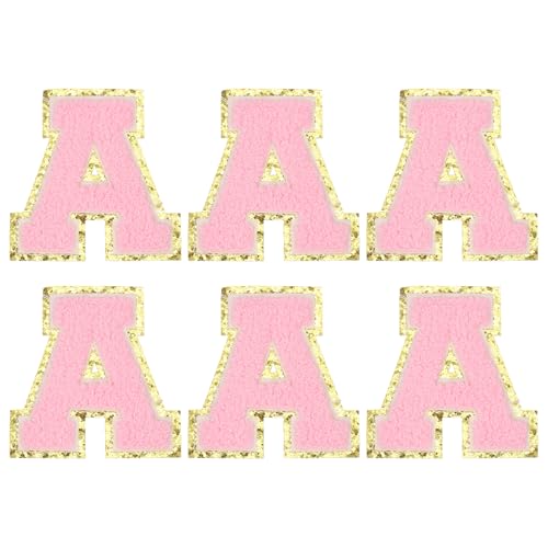 MECCANIXITY Chenille Letter Patches 3.1" Alphabet A Iron on Embroidered Patch Sew on Letter Stickers Applique for Repairing Clothing Jeans Shoes Hats DIY(Pink, Pack of 6) - style: Letter-A