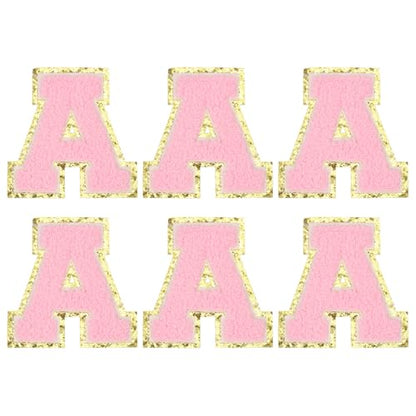 MECCANIXITY Chenille Letter Patches 3.1" Alphabet A Iron on Embroidered Patch Sew on Letter Stickers Applique for Repairing Clothing Jeans Shoes Hats DIY(Pink, Pack of 6) - style: Letter-A