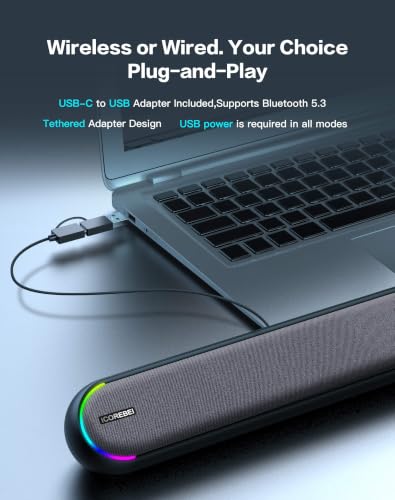 Desktop Computer Speakers, Stereo Soundbar, Bluetooth 5.3, USB/USB-C Power and Audio Transmission, Plug-and-Play, Compatible with PC, Mac, Laptops, Monitors, RGB Lighting, Wired Gaming Speakers
