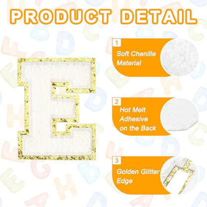 MECCANIXITY Chenille Letter Patches 3.1" Alphabet E Iron on Embroidered Patch Sew on Letter Stickers Applique for Repairing Clothing Jeans Shoes Hats DIY(White, Pack of 4) - style: Letter-E