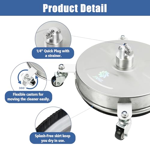 JANZ 14'' Pressure Washer Surface Cleaner | 4 Wheels, Stainless Steel Housing, 1/4'' Quick Plug, 2 Extension Wands, 2 Replacement Nozzles and 3 Spray Nozzles,4000 PSI - size: 14 Inch Silvery White