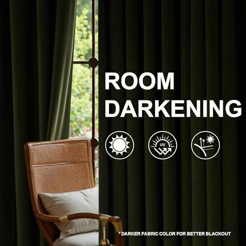 Pinch Pleated Velvet Curtains with Hooks 40x94 Inches, Hunter Green - color: Olive Green, size: 40"W x 94"L (Pack of 2)