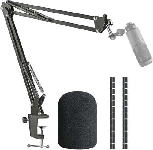 AT2020 Mic Boom Arm Stand with Pop Filter, Compatible with Audio-Technica AT2020, Audio-Technica AT2020V USB Microphone with Cable Sleeve by SUNMON | Adjustable Metal Suspension Stand with 3/8" to 5/8" Adapter, Cable Sleeve, Pop Filter, for Studio & Gamin