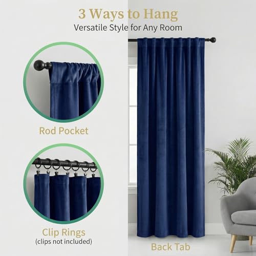 Navy Blue Velvet Curtains 84 inches Long Room Darkening Thermal Insulated | Super Soft, 2 Panels, Window Drapes with Back Tab & Rod Pocket for Living Room Bedroom, 52" W x 84" L - color: Navy Blue, size: 52"W x 84"L (Pack of 2)