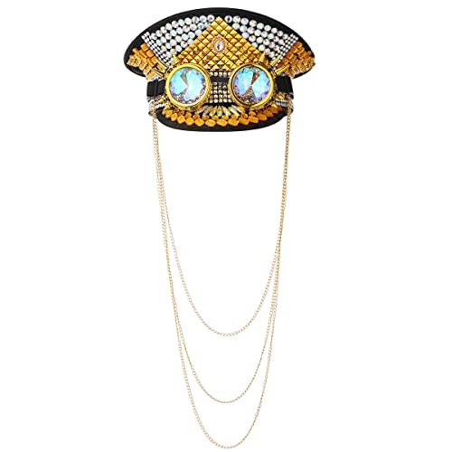 GRACEART Women's Burning Man Sequin Hat Mucis Festival Military Captain Hats Steampunk Caps with Goggles - style: Style-20(with Goggle)