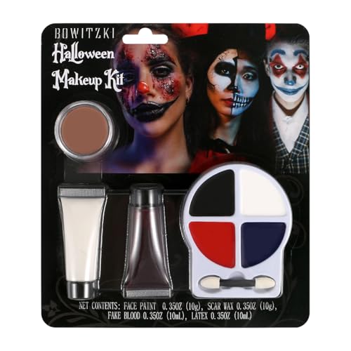 Bowitzki Clown Halloween Makeup Kit Special Effect SFX Makeup with 4 colors Face Paint, Liquid Latex, Fake Blood, Scar Wax, Applicator