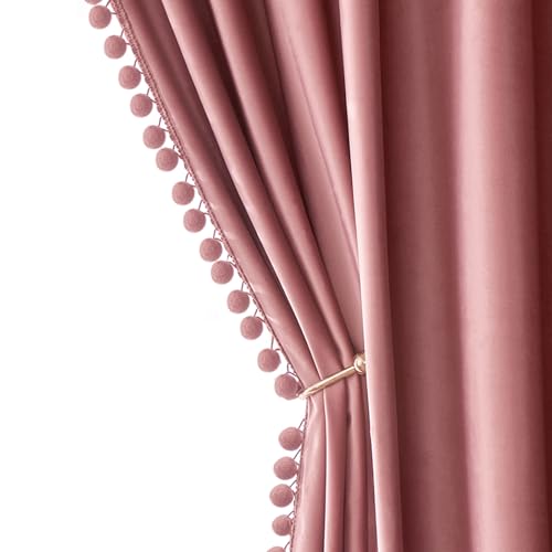MIULEE Blush Pink Pom Pom Velvet Blackout Curtains, W52 x L84, Set of 2 | Rod Pocket Curtains,Thermal Insulating,Blackout Curtains for Bedroom/Home Theater/Living Room Darkening - color: Blush Pink, size: 52"W x 84"L (Pack of 2)