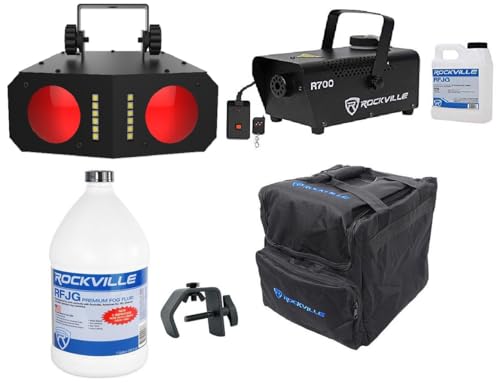 Audiosavings Bundle: Duo Moon LED Moonflower/Strobe Effect Light w/Sound-Activated Programs Bundle with Rockville Fog Machine+Fluid + Gallon Fog Juice + Travel Bag + Heavy Duty C Clamp (5 Items)
