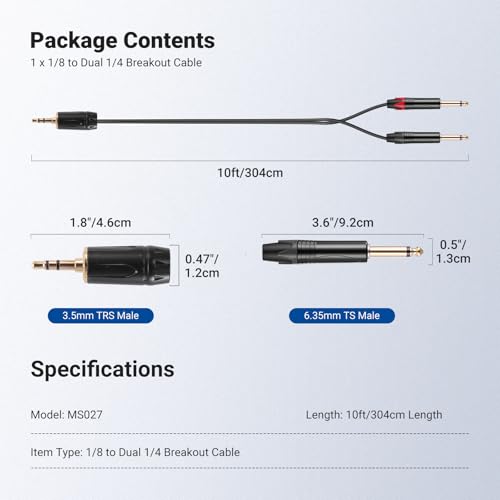 NEEWER 3.5mm 1/8 TRS to 1/4 Dual 6.35mm TS Breakout Cable, 10 ft Male to Male Stereo Audio Splitter Cord Adapter for Phone Tablet Laptop Computer Mixer Speaker Studio Monitor PA System, MS027 - size: 3.5mm（304cm）, style: Dual TS Male