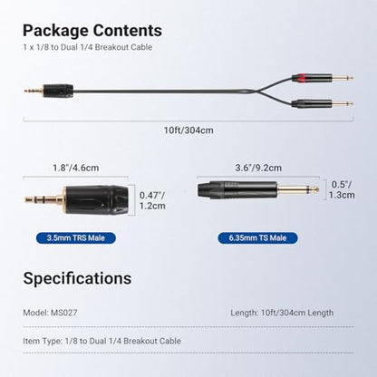 NEEWER 3.5mm 1/8 TRS to 1/4 Dual 6.35mm TS Breakout Cable, 10 ft Male to Male Stereo Audio Splitter Cord Adapter for Phone Tablet Laptop Computer Mixer Speaker Studio Monitor PA System, MS027 - size: 3.5mm（304cm）, style: Dual TS Male
