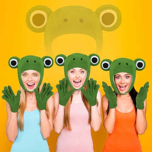 Zoooyawn 3 Pcs Frog Costume Accessory Set Cute Plush Green Frog Hood Gloves and Hat for Adult Outfit Cosplay Party Decoration Supplies