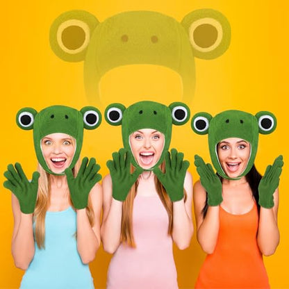 Zoooyawn 3 Pcs Frog Costume Accessory Set Cute Plush Green Frog Hood Gloves and Hat for Adult Outfit Cosplay Party Decoration Supplies