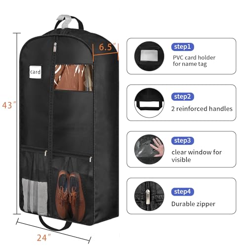 43" Heavy Duty Garment Bags for Travel 6.5" Gusseted Suit Bags for Closet Storage 2 Handles Hanging Clothes Bag with Pocket Mens Suit Cover for Shirts, Coats, Dresses, Suit Holder, 2 Pack - size: 43 inches x 7 inches - 2 Pack