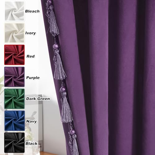 Fazhesici Purple Velvet Blackout Curtains, Rod Pocket 2 Panels, 52”W x 72”H | Velvet Drapes with Tassels, Thermal Soundproof Blackout Curtains for Living Room - color: Purple, size: 52"W x 72"L (Pack of 2)