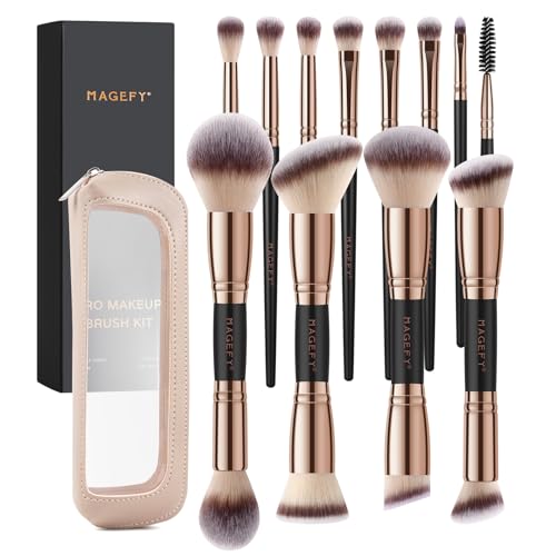 MAGEFY Makeup Brushes 12Pcs with Bag, Double-End Multi-functional for Foundation Powder Blush Eyeliner Eyeshadows brushes with Gift Box,Blackgold - color: Blackgold