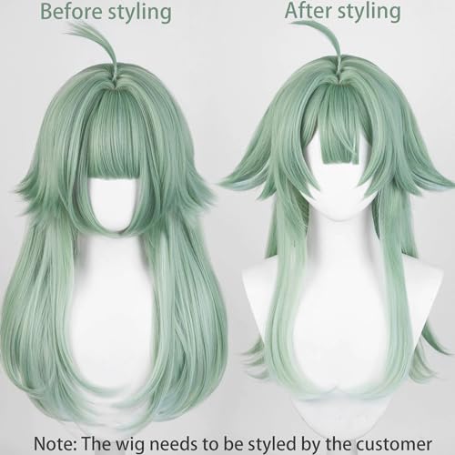 Anime Green Long Wigs with Bangs Women flipped out Wig Jellyfish-Head Adult COS Game Huo Fox Cosplay Wigs Halloween,Christmas,Comic con,Game Show,Party - color: Green white