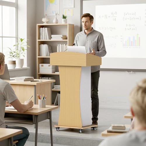 Podium Stand with Metal Wheels Wooden Lectern Podium Stand Portable Pulpit Standing with Storage Mobile Reception Podiums Desk for Church Office School Conference Restaurant Meeting,Wood - color: White&wood