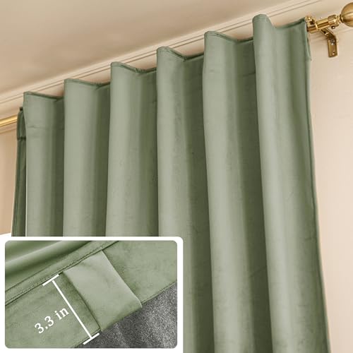 YOFUN 84 inches 2 Panels, Sage Green Blackout Luxury Velvet Curtains Thermal Insulated Heat Block Soundproof Window Panels Soft Drapes for Bedroom Living Room, Rod Pocket & Back Tab, W52 x L84 - color: Sage Green, size: 52"W x 84"L (Pack of 2)