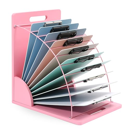 Clipboard Holder - 12 Layer Clipboard Storage Rack, Wooden Clipboards Organizer with Sturdy Metal Shelf for Classroom Office Desk Accessories Essentials Supplies Workshop Teacher Must Haves - color: Pink Color, size: 1 Pcs