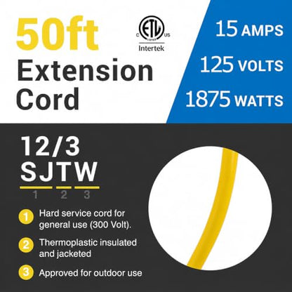 Clear Power 50 ft 12/3 SJTW Heavy Duty Outdoor Extension Cord, Water & Weather Resistant, Flame Retardant, Yellow, 3 Prong Grounded Plug, CP10145 - size: 50 ft