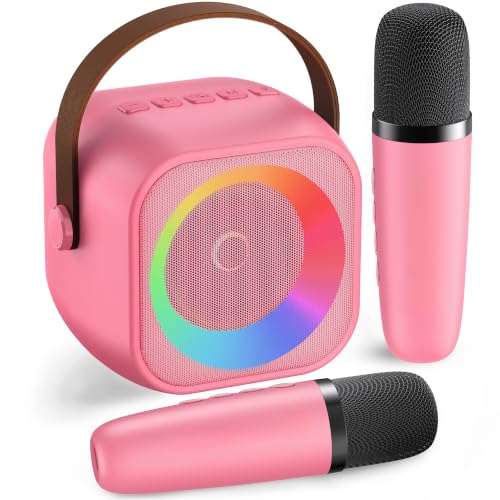 Mini Karaoke Machine,Portable Bluetooth Speaker with 2 Wireless Microphones - color: Hotpink