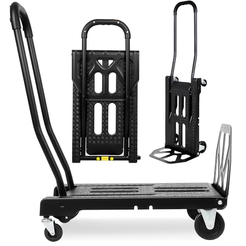 Folding Hand Truck with 4-Wheel Mode, 2 in 1 Collapsible Push Cart & Fold-Up Toe Plate – 300lbs Heavy Duty Dolly Pull Cart with Wheels Portable Hand Truck for delivery, Warehouse & Moving