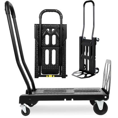 Folding Hand Truck with 4-Wheel Mode, 2 in 1 Collapsible Push Cart & Fold-Up Toe Plate – 300lbs Heavy Duty Dolly Pull Cart with Wheels Portable Hand Truck for delivery, Warehouse & Moving