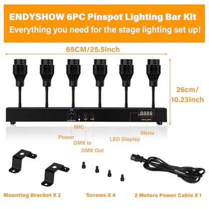 Pinspot Light Bar,6PC LED Pinspot Stage Lights Disco Ball Manual Zoom(15-60 Degree) 3200K Dimmable Warm White DMX Sound Activated Lights for Party Activities Live Show Concert Church Wedding