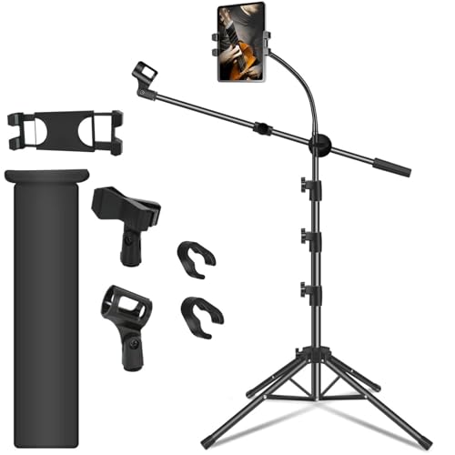 Microphone Stand Floor Mic Stand with Tablet/Phone Holder & 2 Mic Clips