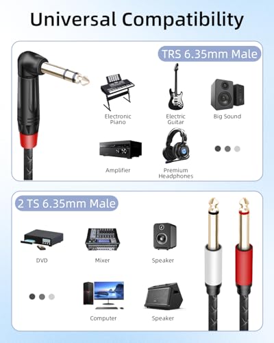 Guitar Cable Right Angle 1/4 inch TRS Stereo to Dual 1/4 inch TS Mono Insert Cable,Stereo Y Splitter Cable,90 Degree 6.35mm Male to Dual 6.35mm Male Audio Cord (1.64FT/0.5M) - style: 90 6.35 TRS to Dual 6.35 TS(1.64FT/0.5M)
