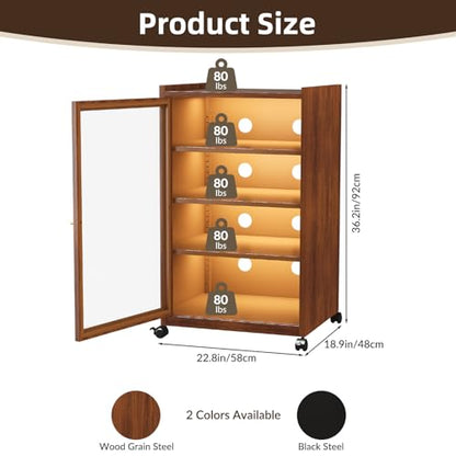 Media Cabinet with LED Lights and Glass Door, Metal Stereo Cabinet Brown - color: Brown (Wood Grain)