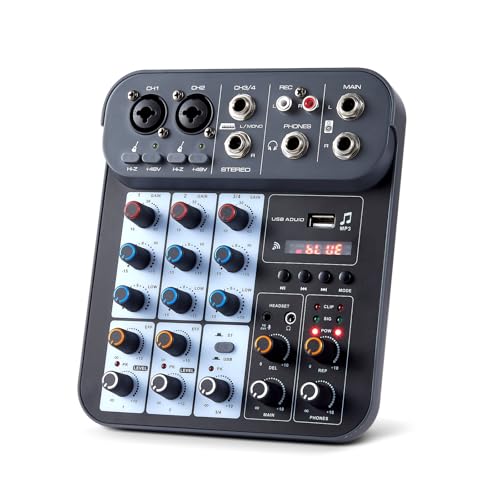 4 Channel DJ Audio Mixer, DJ Mixers Sound Board, Sound Mixer Board XLR 1/4" Interface, BT USB MP3 Computer Input 48V Phantom Power Stereo Karaoke DJ Studio Streaming KTV Stage