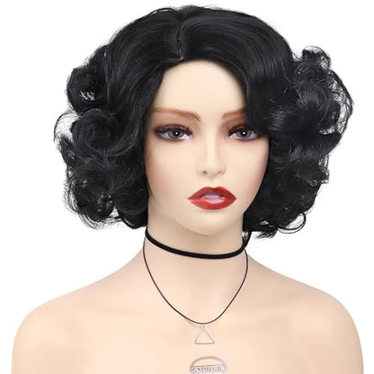 1930s Short Black Curly Flapper Wigs for Women Costume (with Red Bowknot) | Anime Cosplay Natural Hair Synthetic Hair Halloween Betty Costume Dress Up Drag Queen Flapper Wig (with Red Bowknot) - color: Black