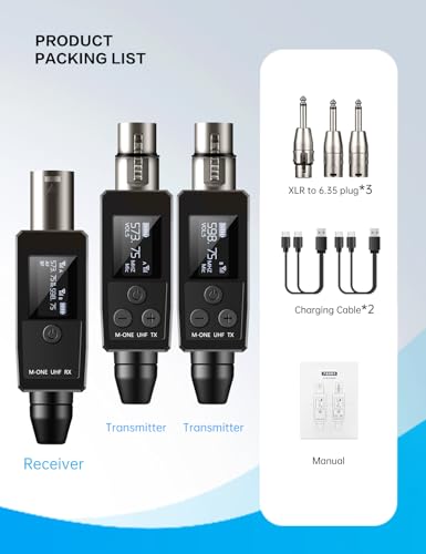 EBJ Wireless Microphone System UHF wireless XLR transmitter and receiver for dynamic/capacitive microphones, 48V Phantom power supply, electric guitar/bass, audio mixer, PA system (One drag two) - color: One drag two