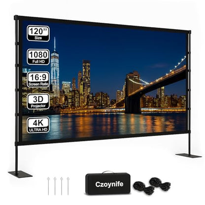 Projector Screen with Stand - 120inch Outdoor Projector Screen Portable, 16:9 Indoor Movie Screen, 4K HD, 3D Compatible Includes Carry Bag