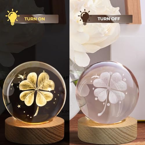 Flexzion 3D Clover Crystal Ball Night Light - LED Light Hologram Glass Lamp with Solid Wood Base, USB Powered Crystal Ball Lamp with Adjustable Brightness for Home Decor Display Gift, 2.4inch(60mm) | Clover Lamp with Solid Beech Wood Base and Adjustable B