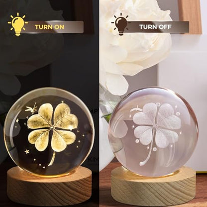 Flexzion 3D Clover Crystal Ball Night Light - LED Light Hologram Glass Lamp with Solid Wood Base, USB Powered Crystal Ball Lamp with Adjustable Brightness for Home Decor Display Gift, 2.4inch(60mm) | Clover Lamp with Solid Beech Wood Base and Adjustable B