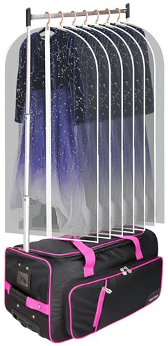 Dance Bag With Garment Rack,23inch Dance Competition Garment Bags with Clothes rack,Suitcase,Rolling duffle For Travel, Wheeled Drop-Bottom Upright Luggage Closet Suitcase (Pink - color: 23inch-Pink-D