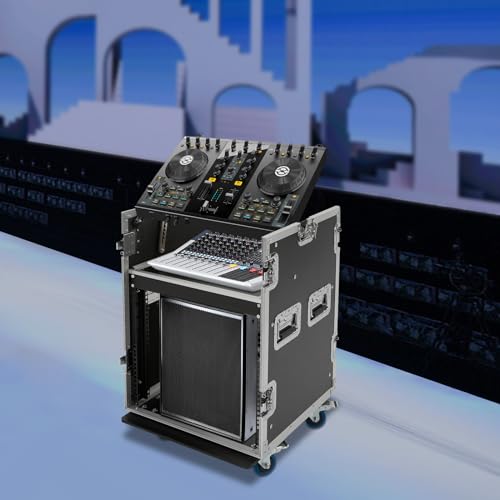 10U PA DJ Rack/Road ATA Case, Network & Stereo Rack with Slant Mixer Tops, Heavy-Duty DJ Work Table Rolling Studio Equipment Cabinet, Amplifier Mixer Storage Stand for Pro Tour Grade, Live Sound - size: 10U