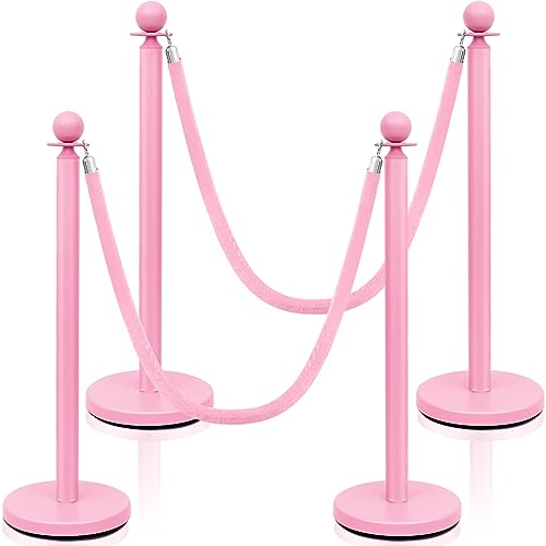 Ferraycle 4 Pcs Stainless Steel Stanchions 38 Inch with Velvet Rope, Pink | Pink Stanchions Set, 5 ft Velvet Rope Included, Ball Top Posts, Weighted Base, Crowd Control Barriers, Wedding Party